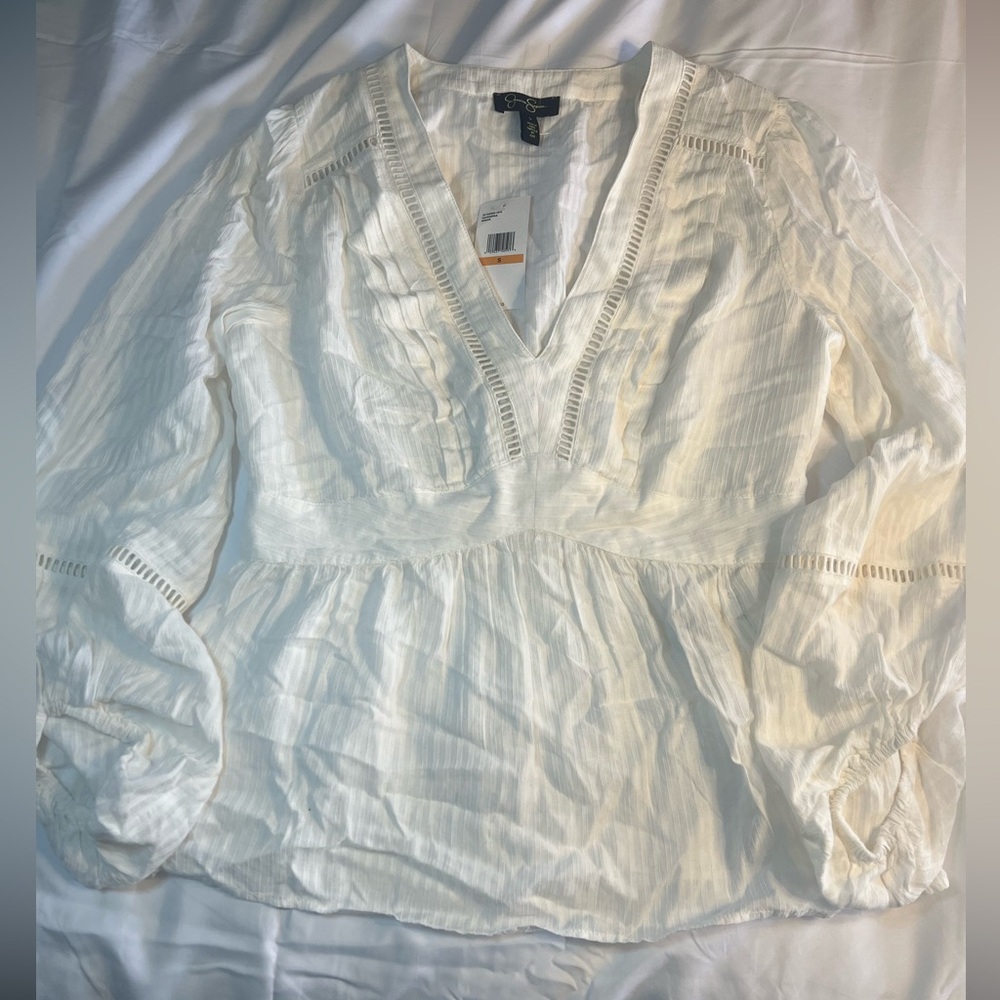 Jessica Simpson White V-Neck Lace-Trim Peplum Blouse